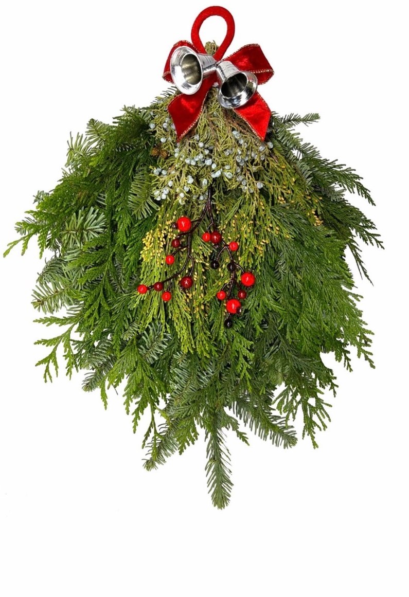 Evergreen door swag with silver bells, a red velvet bow and red berries